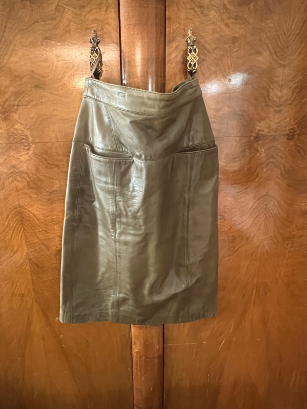 Vintage Olive pencil leather Skirt back slit . EUROPEAN size 36 , USA 4 /6.